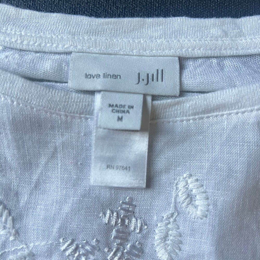 J. Jill Love Linen White Floral Embroidered 3/4 Sleeve Top M Knit Boho Resort - Picture 4 of 7